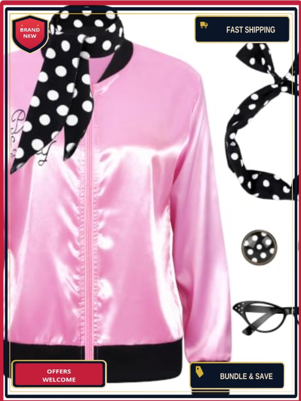 Satin Costume Jacket with Polka Dot Scarf Headband Earrings